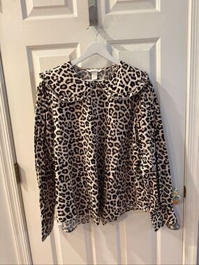 H&M Leopard Print Peter Pan Ruffle Collar Button Down Shirt sz XXL NWT
